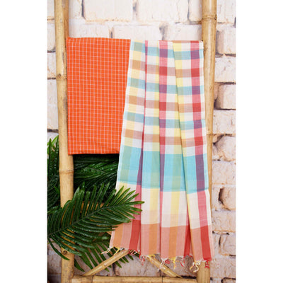 Orange Unstitched Suit with Mangalagiri Dupatta - SSEthnics