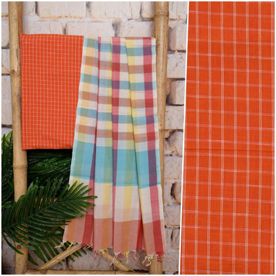 Orange Unstitched Suit with Mangalagiri Dupatta - SSEthnics