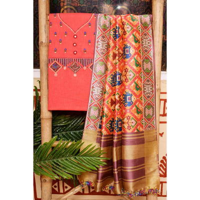 Orange Embroidered Digital Print Dupatta Set - SSEthnics