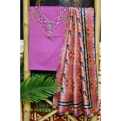 Purple Embroidered Digital Print Dupatta Set - SSEthnics