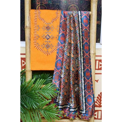 Yellow Embroidered Digital Print Dupatta Set - SSEthnics