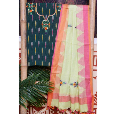 Green Ikat Embroidered Set with Linen Dupatta - SSEthnics