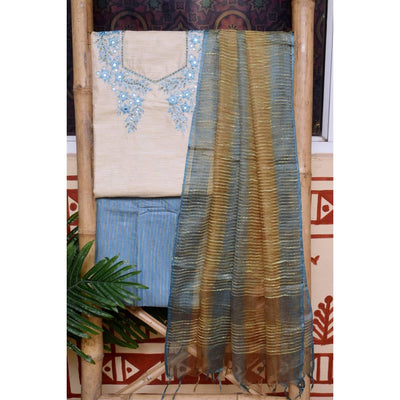 Cream Bhagalpuri Silk Suit with Hand Embroidery - SSEthnics