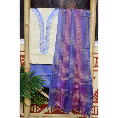 Cream Bhagalpuri Silk Suit with Hand Embroidery - SSEthnics