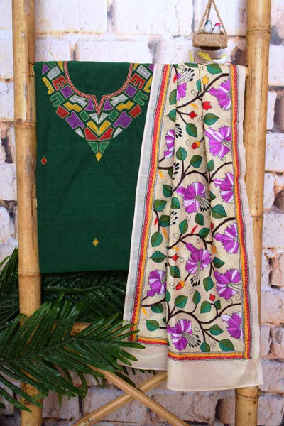Green Embroidered Cotton Set with Kantha Silk Stole - SSEthnics