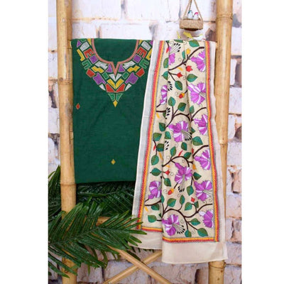 Green Embroidered Cotton Set with Kantha Silk Stole - SSEthnics