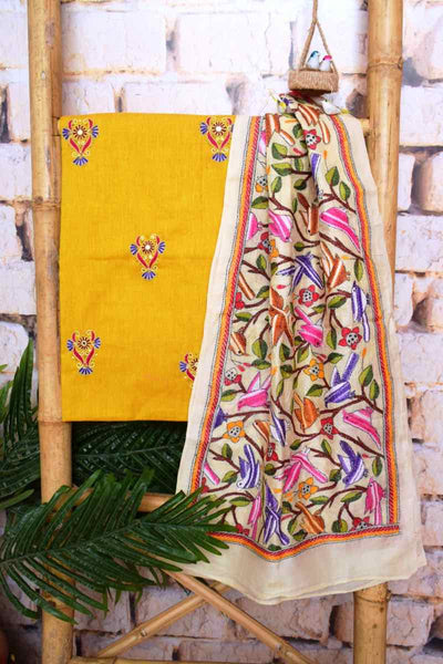 Yellow Embroidered Cotton Set with Kantha Silk Stole - SSEthnics