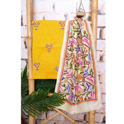 Yellow Embroidered Cotton Set with Kantha Silk Stole - SSEthnics