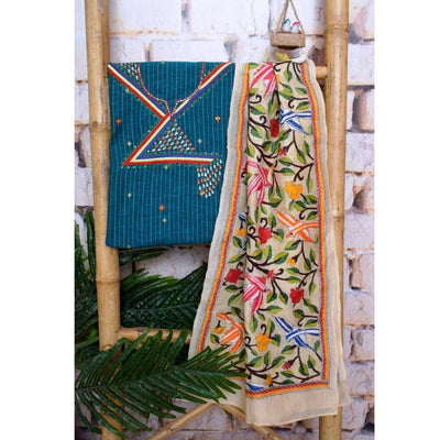 Blue Embroidered Cotton Set with Kantha Silk Stole - SSEthnics
