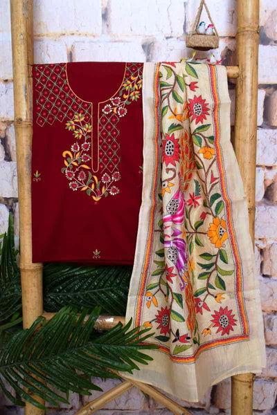 Maroon Embroidered Cotton Set with Kantha Silk Stole - SSEthnics