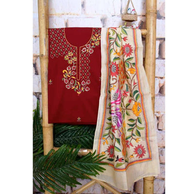 Maroon Embroidered Cotton Set with Kantha Silk Stole - SSEthnics