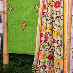 Green Embroidered Cotton Set with Kantha Silk Stole - SSEthnics