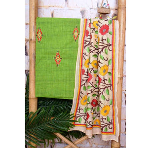 Green Embroidered Cotton Set with Kantha Silk Stole - SSEthnics