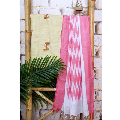 Beige Hand Embroidered Bhagalpuri Ikat Dupatta Set - SSEthnics