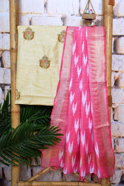 Beige Hand Embroidered Bhagalpuri Ikat Dupatta Set - SSEthnics
