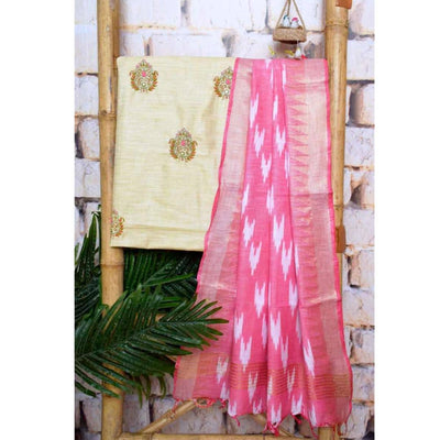 Beige Hand Embroidered Bhagalpuri Ikat Dupatta Set - SSEthnics