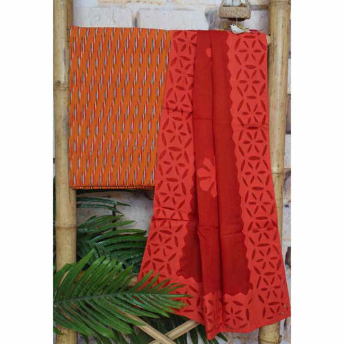 Orange Pochampally Ikat set with Applique Stole