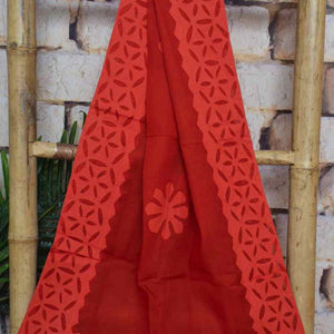 Orange Pochampally Ikat set with Applique Stole - SSEthnics