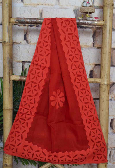 Orange Pochampally Ikat set with Applique Stole - SSEthnics