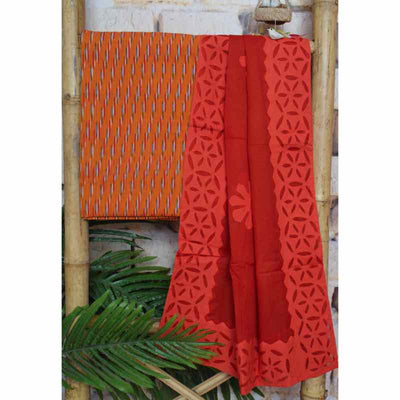 Orange Pochampally Ikat set with Applique Stole - SSEthnics