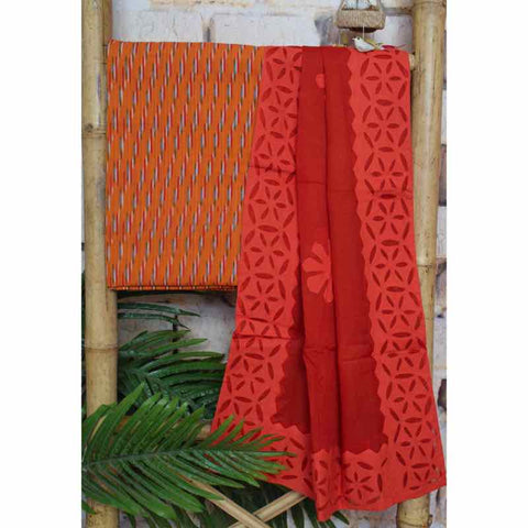Orange Pochampally Ikat set with Applique Stole