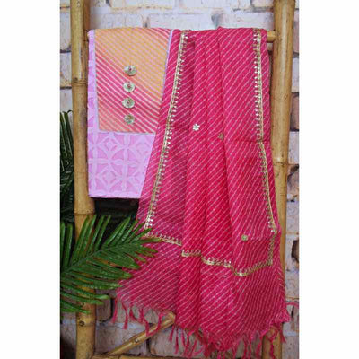 Pink Applique Patchwork Kurti with Kota Silk Dupatta - SSEthnics