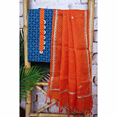 Blue Applique Patchwork Kurti with Kota Silk Dupatta - SSEthnics