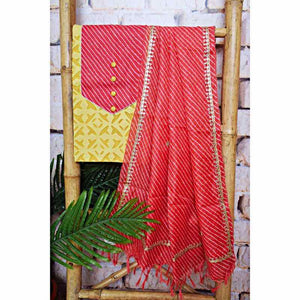 Yellow Applique Patchwork Kurti with Kota Silk Dupatta - SSEthnics