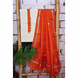 Cream Applique Patchwork Kurti with Kota Silk Dupatta - SSEthnics