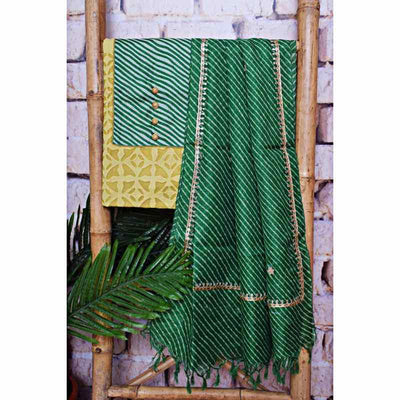 Green Applique Patchwork Kurti with Kota Silk Dupatta - SSEthnics