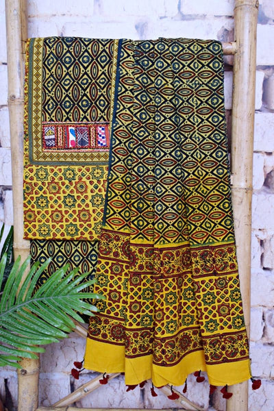 Yellow Ajrakh Block Print Patchwork Suit - SSEthnics