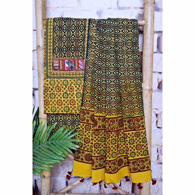 Yellow Ajrakh Block Print Patchwork Suit - SSEthnics