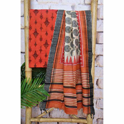 Red Gicha Tussar Silk Dupatta Set with Embroidered Kurta - SSEthnics