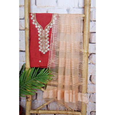 Blue-Pink Gota Patti Set with Tissue-Linen Dupatta - SSEthnics