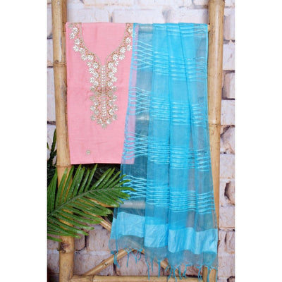 Blue-Pink Gota Patti Set with Tissue-Linen Dupatta - SSEthnics