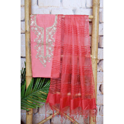 Blue-Pink Gota Patti Set with Tissue-Linen Dupatta - SSEthnics