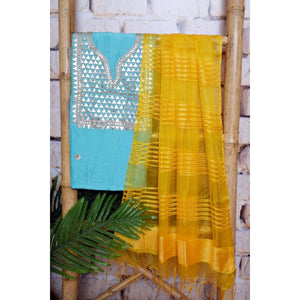 Blue-Pink Gota Patti Set with Tissue-Linen Dupatta - SSEthnics