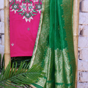 Pink Cotton SIlk Hand Embroidered Banarasi Dupatta Set