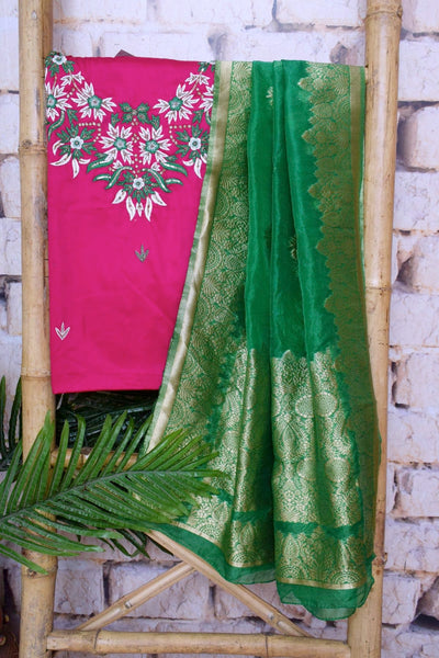 Pink Cotton SIlk Hand Embroidered Banarasi Dupatta Set