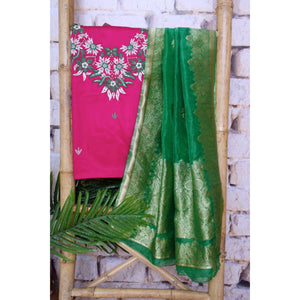 Pink Cotton SIlk Hand Embroidered Banarasi Dupatta Set