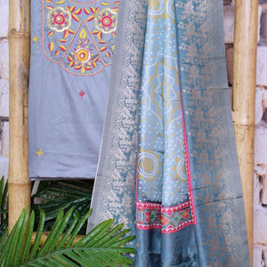 Grey Cotton SIlk Hand Embroidered Banarasi Dupatta Set