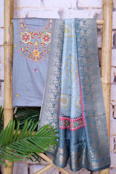 Grey Cotton SIlk Hand Embroidered Banarasi Dupatta Set
