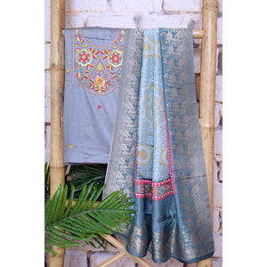Grey Cotton SIlk Hand Embroidered Banarasi Dupatta Set