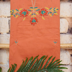 Orange Cotton SIlk Hand Embroidered Banarasi Dupatta Set