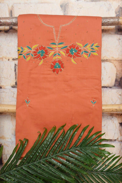 Orange Cotton SIlk Hand Embroidered Banarasi Dupatta Set