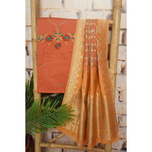 Orange Cotton SIlk Hand Embroidered Banarasi Dupatta Set