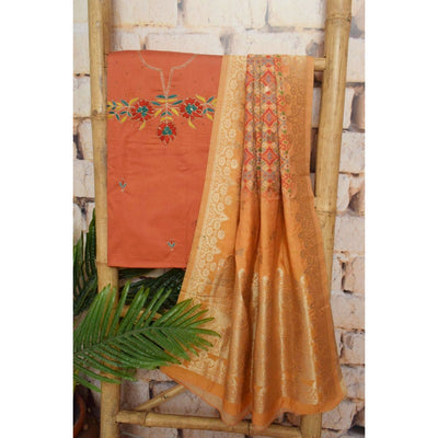 Orange Cotton SIlk Hand Embroidered Banarasi Dupatta Set