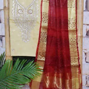 Beige Gota Patti Kota Set with Tissue Dupatta- SSEthnics