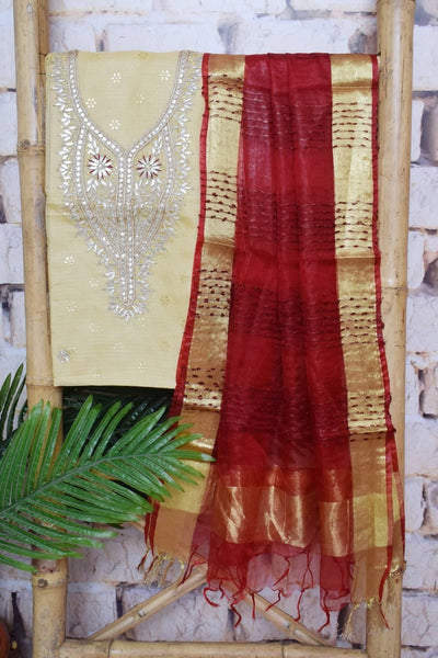 Beige Gota Patti Kota Set with Tissue Dupatta- SSEthnics