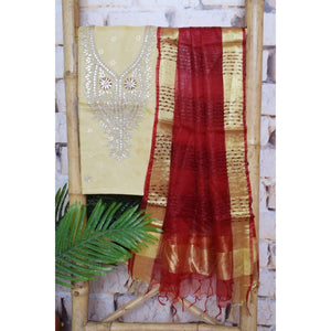 Beige Gota Patti Kota Set with Tissue Dupatta- SSEthnics